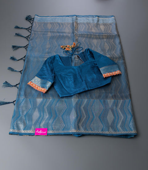 Peacock Blue Semi Silk Saree