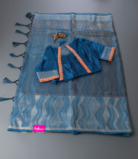 Peacock Blue Semi Silk Saree