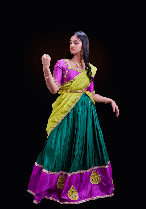 Green and Purple Kanjivaram Half Saree