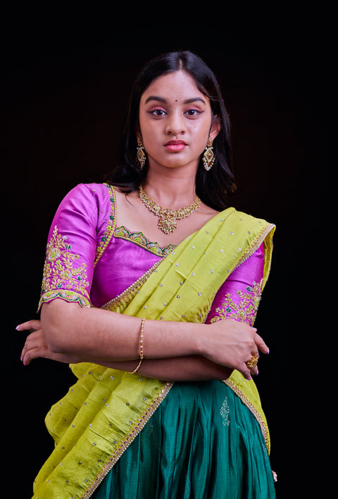 Green and Purple Kanjivaram Half Saree
