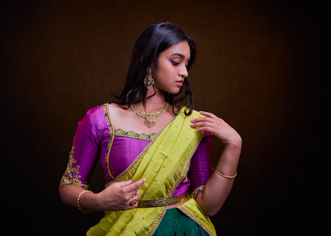 Green and Purple Kanjivaram Half Saree