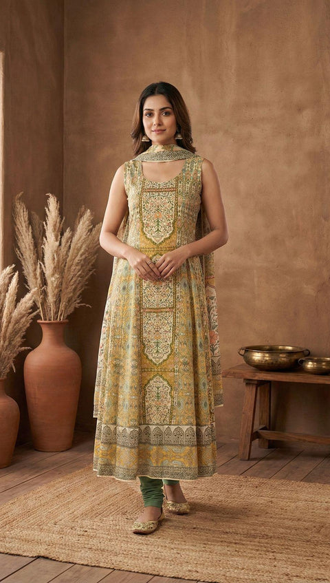 Cream and Yellow Crepe Anarkali Set