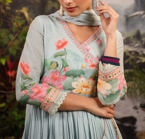 Blue Angrakha Style Kurta, Pants and Dupatta set in Mulmul Cotton