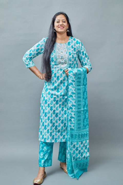 Sky Blue and White Kurta Set