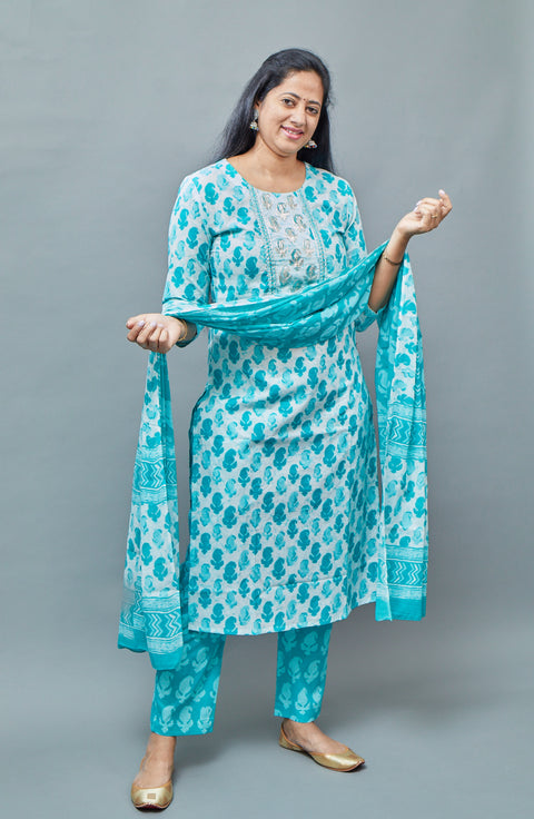 Sky Blue and White Kurta Set