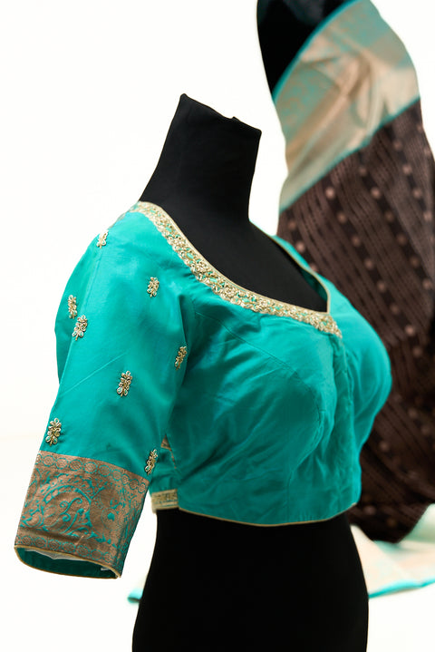Deep Chocolate Brown with Teal and Antique Gold accents Border Kanchipattu Saree