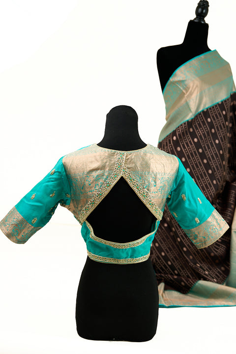 Deep Chocolate Brown with Teal and Antique Gold accents Border Kanchipattu Saree