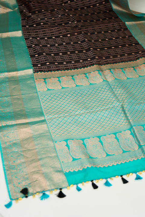 Deep Chocolate Brown with Teal and Antique Gold accents Border Kanchipattu Saree