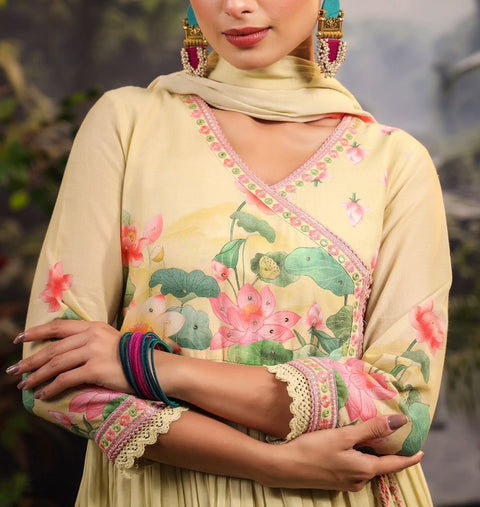 Angrakha Style Kurta, Pants and Dupatta set in Mulmul Cotton