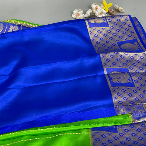 Mysore Silk Saree- Green With Contrast Blue (Attached Blouse Material)