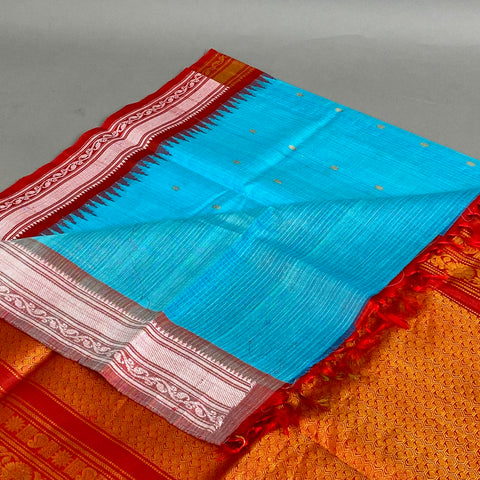 Gadwal Saree- Blue and Red W/ Gold & White thread Zari (Attached Blouse Material)