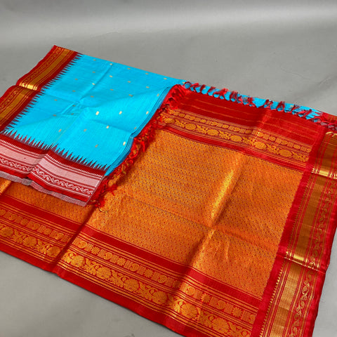 Gadwal Saree- Blue and Red W/ Gold & White thread Zari (Attached Blouse Material)