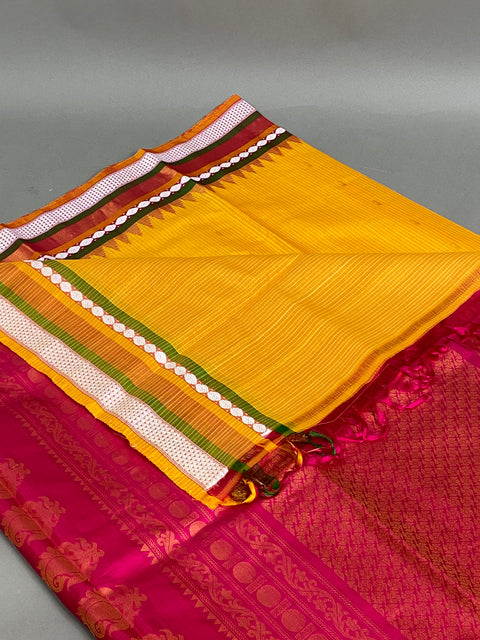 Gadwal Saree- Mustard, green and Orange  W/ Gold & White thread Zari (Attached Blouse Material)