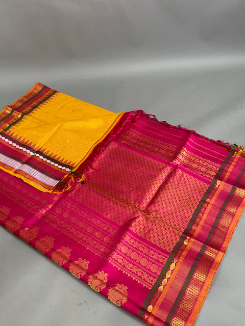 Gadwal Saree- Mustard, green and Orange  W/ Gold & White thread Zari (Attached Blouse Material)
