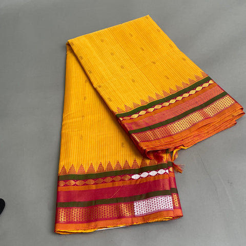 Gadwal Saree- Mustard, green and Orange  W/ Gold & White thread Zari (Attached Blouse Material)