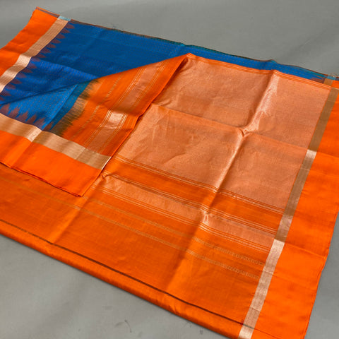 Gadwal Saree- Blue and Orange W/ Gold Zari (Attached Blouse Material)