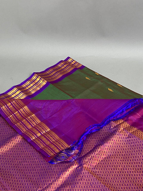 Gadwal Saree- Green and Purple W/ Gold Zari (Attached Blouse Material)
