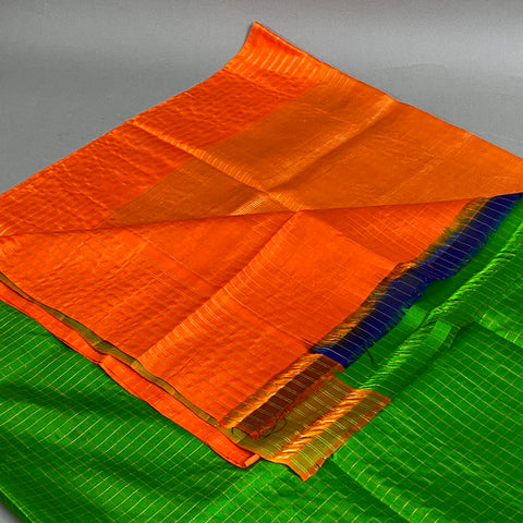 Gadwal Saree- Green and Orange W/ Gold Zari (Attached Blouse Material)
