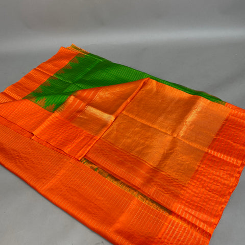 Gadwal Saree- Green and Orange W/ Gold Zari (Attached Blouse Material)