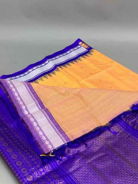 Gadwal Saree- Sandal wood color and Purple W/ Gold and white thread Zari (Attached Blouse Material)