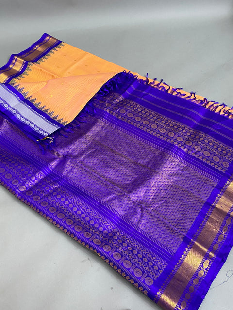 Gadwal Saree- Sandal wood color and Purple W/ Gold and white thread Zari (Attached Blouse Material)
