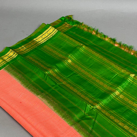 Gadwal Saree- Peach and Green  W/ Gold Zari (Attached Blouse Material)