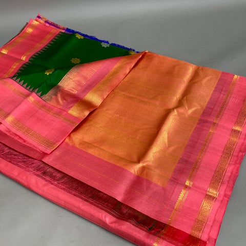 Gadwal Saree- Green and Peach W/ Gold and silver Zari (Attached Blouse Material)