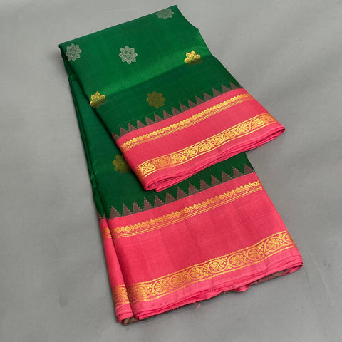 Gadwal Saree- Green and Peach W/ Gold and silver Zari (Attached Blouse Material)