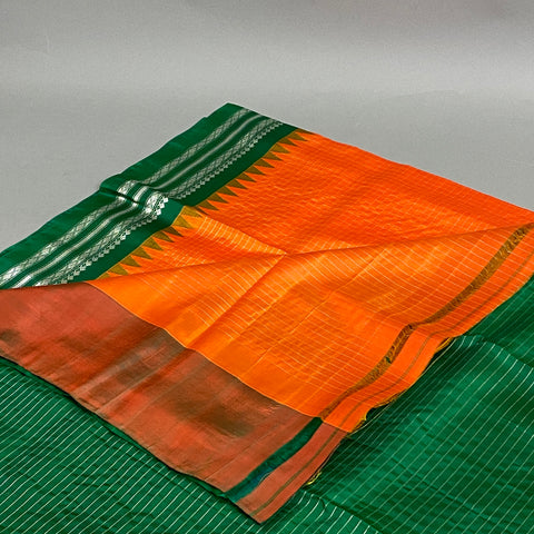 Gadwal Saree- Orange and Green W/ Gold Zari (Attached Blouse Material)