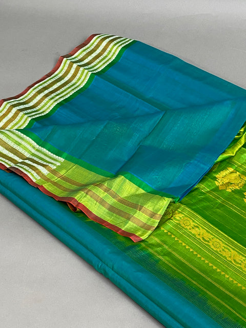 Gadwal Saree- Teal, Green and Maroon W/ Gold and white thread Zari (Attached Blouse Material)