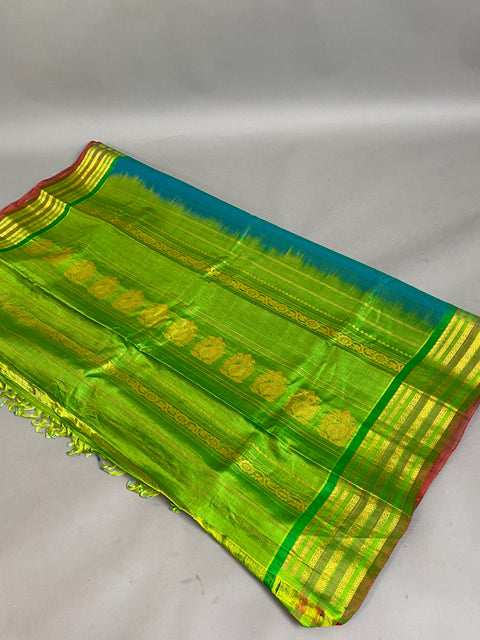 Gadwal Saree- Teal, Green and Maroon W/ Gold and white thread Zari (Attached Blouse Material)