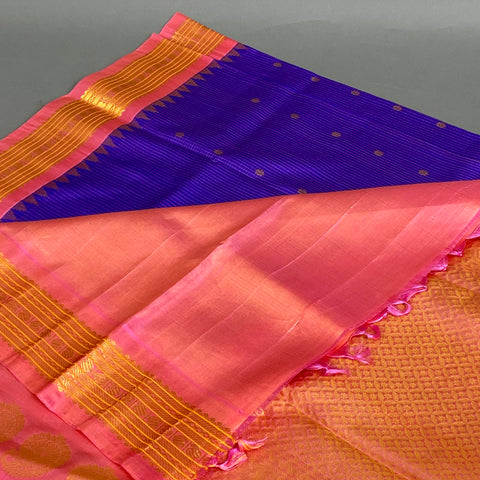 Gadwal Saree- Purple and Peach W/ Gold Zari (Attached Blouse Material)