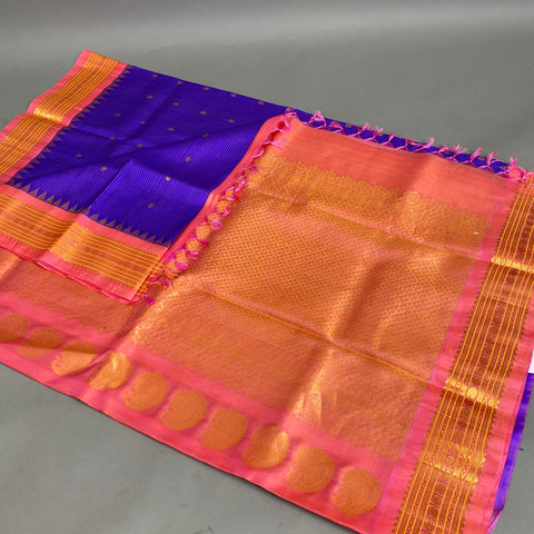 Gadwal Saree- Purple and Peach W/ Gold Zari (Attached Blouse Material)