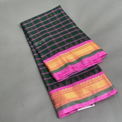 Gadwal Saree- Green and Pink checked pattern W/ Gold Zari (Attached Blouse Material)
