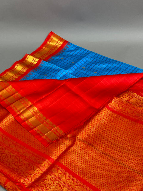 Gadwal Saree- Blue and Red checked pattern W/ Gold Zari (Attached Blouse Material)