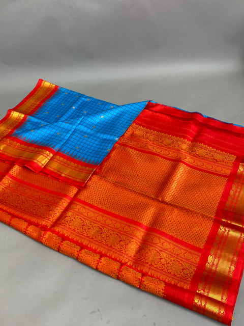 Gadwal Saree- Blue and Red checked pattern W/ Gold Zari (Attached Blouse Material)