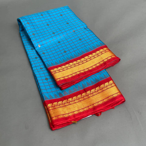 Gadwal Saree- Blue and Red checked pattern W/ Gold Zari (Attached Blouse Material)
