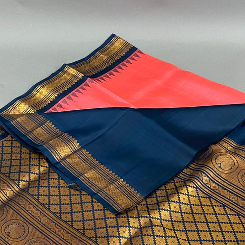 Gadwal Saree-Peach and Navy-blue W/ Gold Zari (Attached Blouse Material)