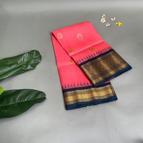 Gadwal Saree-Peach and Navy-blue W/ Gold Zari (Attached Blouse Material)