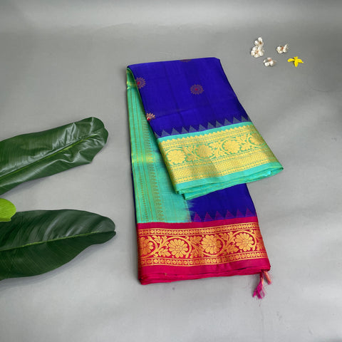 Gadwal Saree- Navy-blue, Turquoise and brick red W/ Gold Zari (Attached Blouse Material)