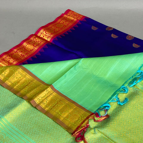 Gadwal Saree- Navy-blue, Turquoise and brick red W/ Gold Zari (Attached Blouse Material)
