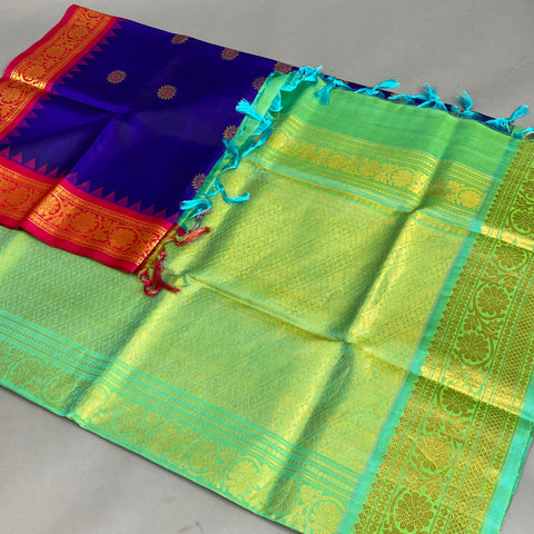 Gadwal Saree- Navy-blue, Turquoise and brick red W/ Gold Zari (Attached Blouse Material)