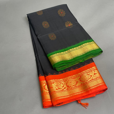 Gadwal Saree- Black, Green and Orange W/ Gold Zari (Attached Blouse Material)