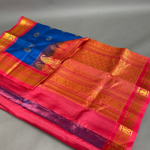 Gadwal Saree- Deep Blue and Pink W/ Gold Zari (Attached Blouse Material)