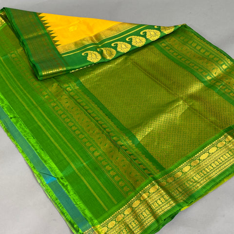 Gadwal Saree- Mustard Yellow and Green W/ Gold Zari (Attached Blouse Material)