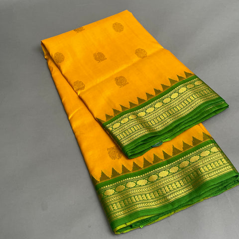 Gadwal Saree- Mustard Yellow and Green W/ Gold Zari (Attached Blouse Material)