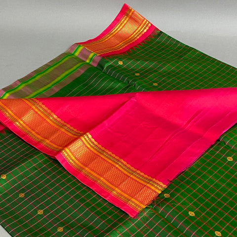 Gadwal Saree- Green and Pink checked pattern W/ Gold Zari (Attached Blouse Material)