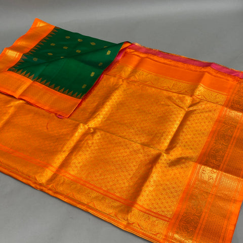 Gadwal Saree- Green and Orange W/ Gold Zari (Attached Blouse Material)