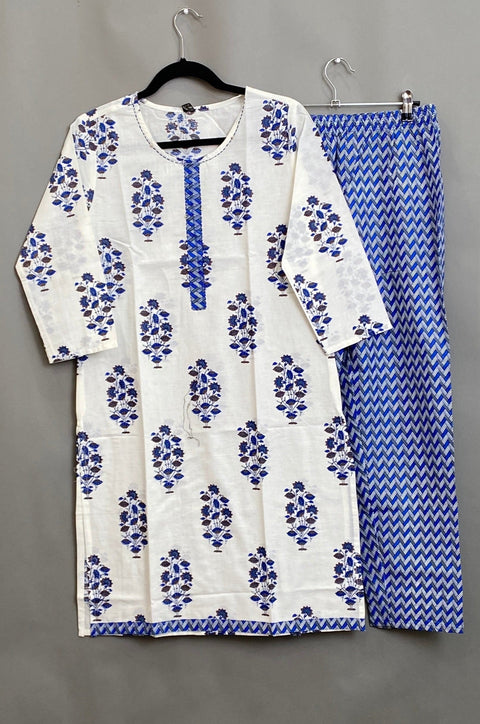 White and Navy Blue Kurta & Pant Set