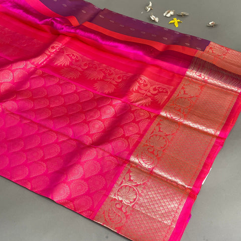 Venkatgiri Saree- Purple and Pink W/ Gold & Silver Zari (Attached Blouse Material)